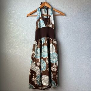 Y2K Inspired Floral Halter Dress Brown Blue Retro Boho Fit & Flare Size S